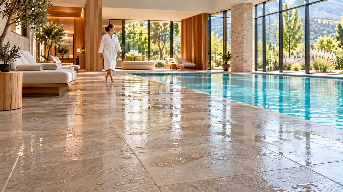 Frau auf nassen Steinfliesen neben einem Pool im Wellnessbereich