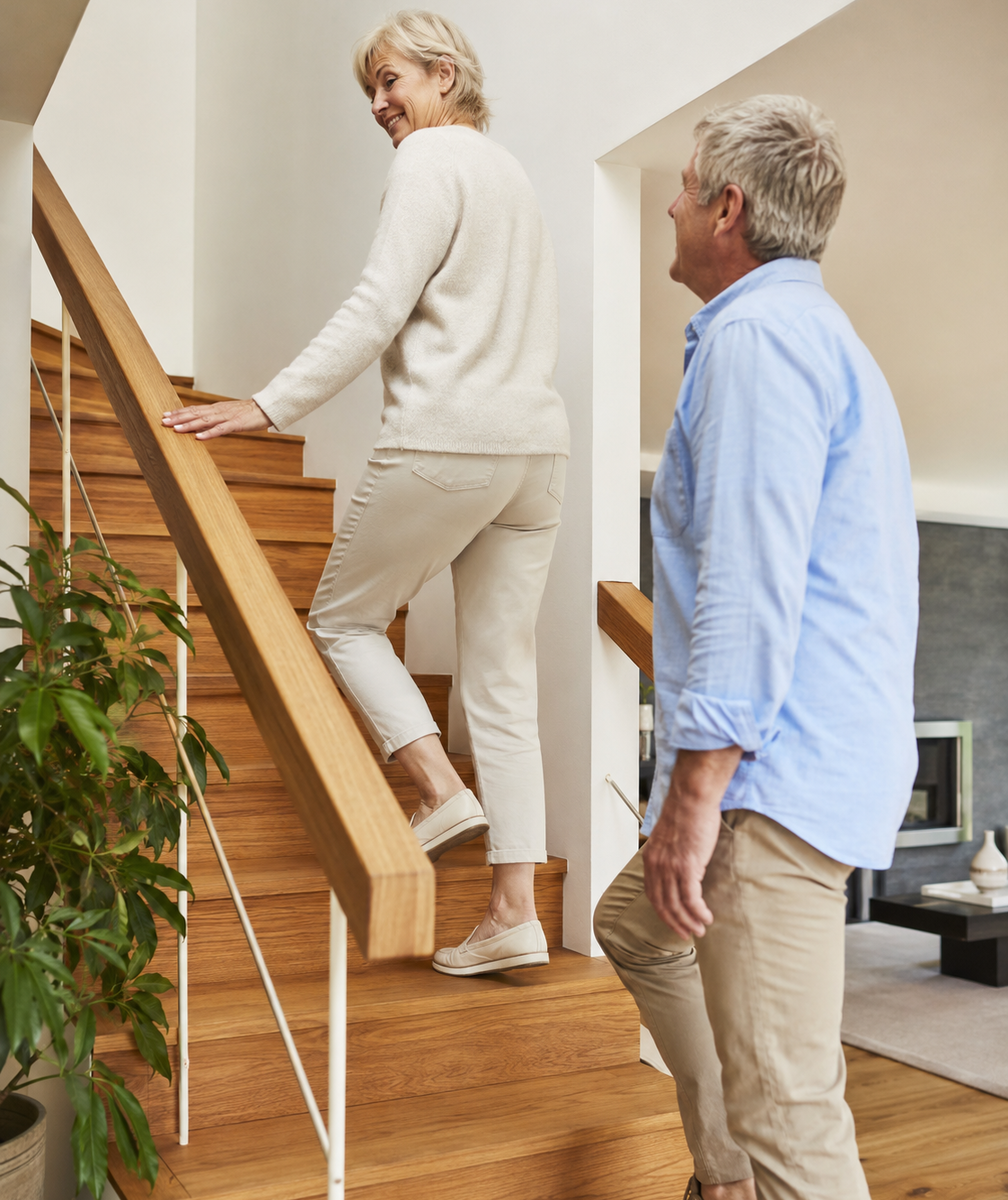 Älteres Paar auf einer Holztreppe